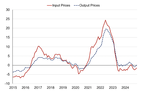 Line chart showing the sharp rise in producer input and output price inflation in 2021 and 2022 before gradually stabilising in 2023 and 2024.