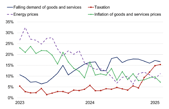 Line chart showing falling demand for goods and services and taxation have overtaken energy prices and inflation as the main business concerns in 2024 and 2025.