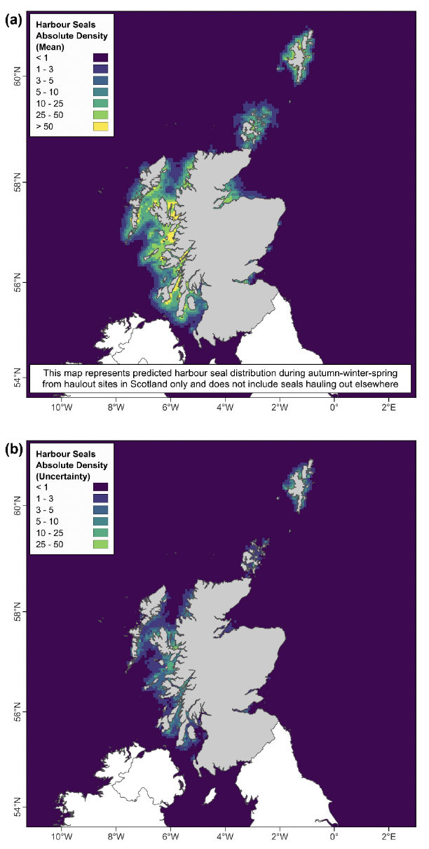 A panel plot of maps showing (a) predicted mean number of harbour seals per 5 km x 5 km cell and (b) uncertainty in these predictions