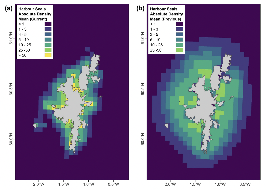 Maps of harbour seal distribution around Shetland, comparing current estimates with previous estimates