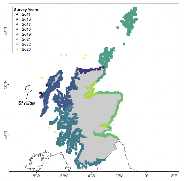 A map of Scotland showing seal haulout survey coverage colour coded by year