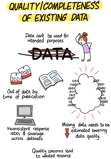 Graphic showing the main issues raised in the review relating to the quality and completeness of existing data . For example, inconsistent response rates and coverage, and missing data. These issues are discussed more in the text.