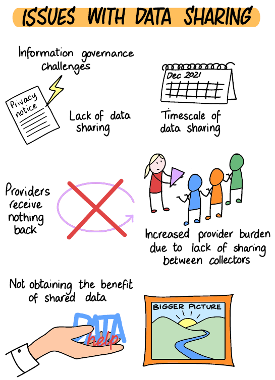 Graphic showing the main issues raised in the review relating to the theme of data sharing. For example, the problems caused by the lack of data sharing and the information governance challenges for sharing. These issues are discussed more in the text.