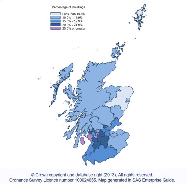 Map showing proportion of chargeable dwellings in receipt of CTR by local authority in Scotland, March 2024
