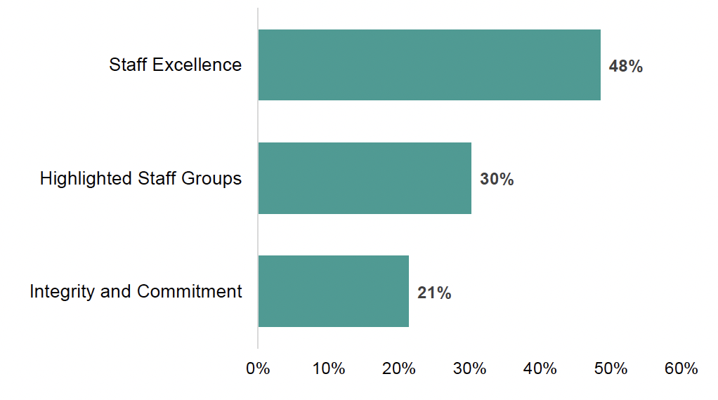 Horizontal bar chart showing the sub-themes with the Positive Staff Interactions theme. 48% of comments within Positive Staff Interactions remarked that the staff were excellent during their care.