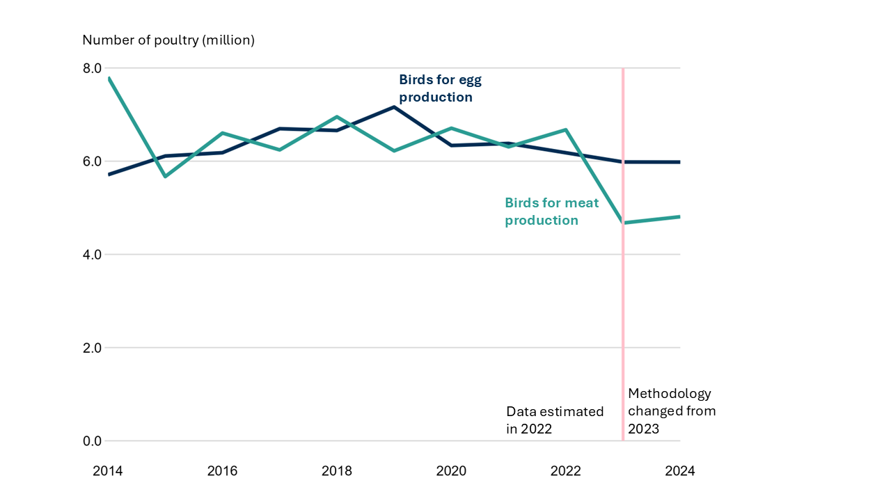 Line chart with two lines for birds for meat and birds for egg production between 2014 and 2024. In 2014 there were more birds for meat production (7.80 million birds) compared with birds for egg production (5.71 million birds). In 2015 the number of birds becomes similar until 2021. In 2024 there were 4.81 million birds for meat production and 5.98 million birds for eggs production.