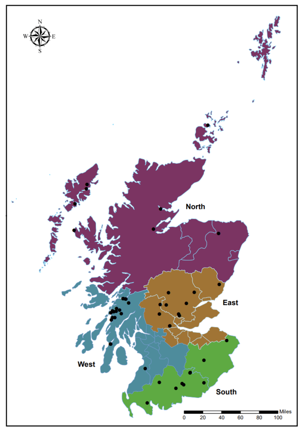 Figure 1 showing a map of the regional distribution of active rainbow trout sites in Scotland in 2023. The map is split into 4 areas: North (red), East (brown), West (turquoise) and South (green) and has black dots showing where each site is on the map.