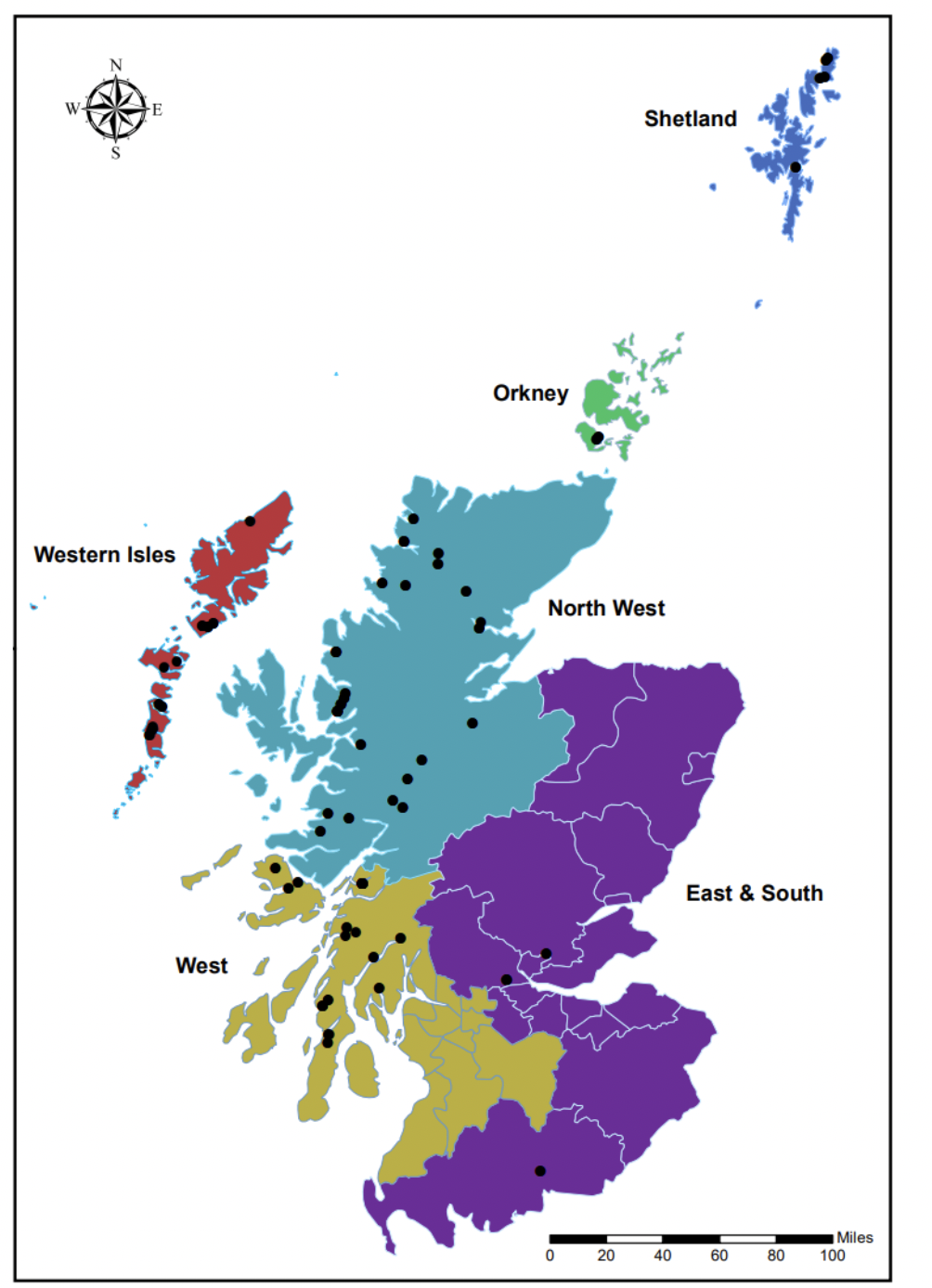 Figure 2 showing a map of the regional distribution of active Atlantic salmon smolt sites in Scotland in 2023. The map is split into 6 areas: Shetland (blue), Orkney (green), North West (turquoise), East & South (purple), West (olive green) and Western Isles (red) and has black dots showing where each site is on the map.