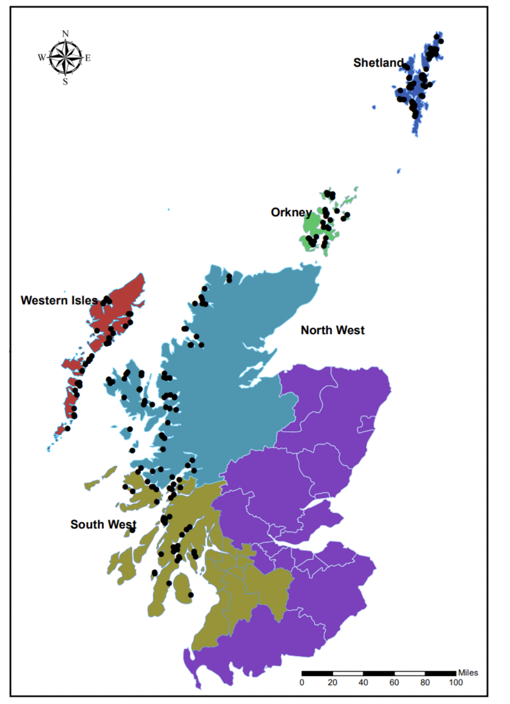 Figure 3 showing a map of the regional distribution of active Atlantic salmon production sites in Scotland in 2023. The map is split into 5 areas: Shetland (blue), Orkney (green),  North West (turquoise), South West (olive green)  and Western Isles (red)  and has black dots showing where each site is on the map.