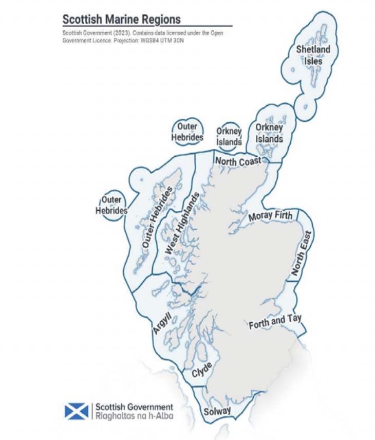 Figure 4 showing a map of the Scottish Marine Regions. The map is split into 11 areas around the Scottish coastline: Shetland Isles, Orkney Isles, North Coast, Moray Firth, West Highlands, North East, Forth and Tay, Argyll, Clyde and Solway.