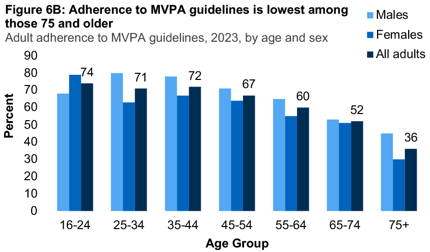 A bar graph showing the proportion of adults who adhered to moderate-vigorous physical activity (MVPA) guidelines for 2023 by age and sex. The graph shows that younger adults were more likely to meet the guidelines than older adults among both males and females.