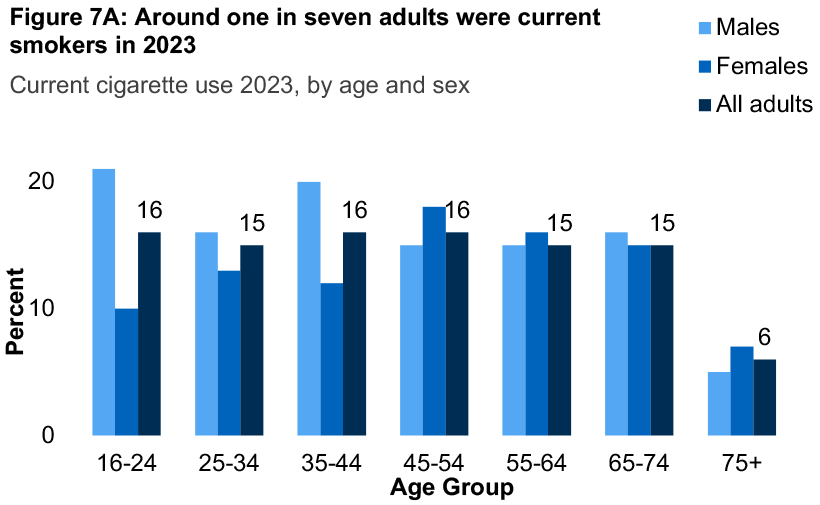 A bar graph showing the proportion of current cigarette users for 2023 by age and sex. The graph shows similar proportions amongst those aged 16-74 with lower prevalence amongst those aged 75 or older.