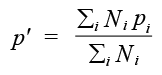 p': The age-standardised weighted mean of the proportion is calculated by; The sum of the age-standardised weights multiplied by the proportion for each individual age group. This is divided by the sum of all age-standardised weights across the age groups.