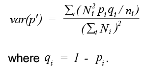 var(p'): The age-standardised variance is calculated by the following numerator divided by the denominator; The numerator is the age-standardised weights squared multiplied by the proportion multiplied by one minus the proportion for each age group individually. All divided by the number of cases or sample in each age-standardised group. The denominator is the sum of all weights across age groups squared.