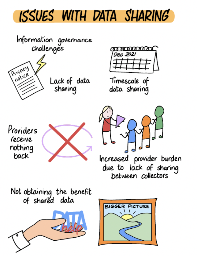 A picture containing text and a cartoon of stakeholder feedback on issues with data sharing.