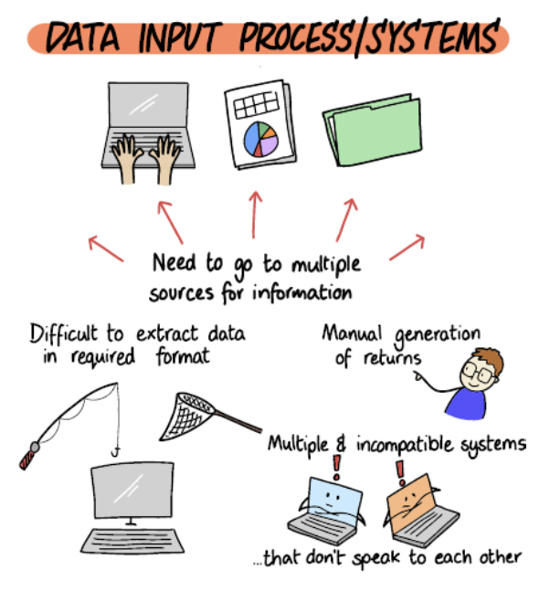 A picture containing text and a cartoon of stakeholder feedback on data input processes and systems.