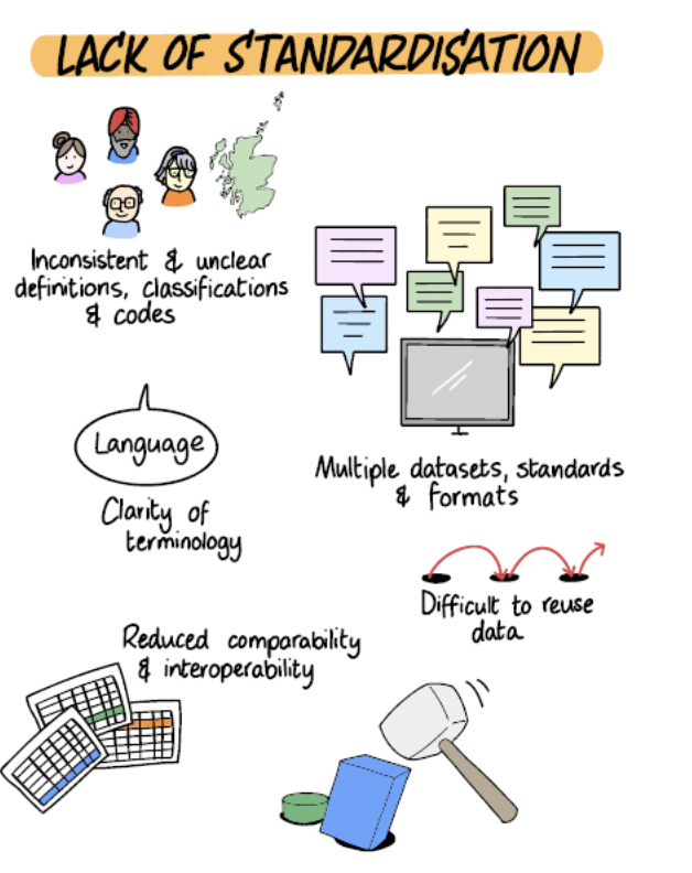 A picture containing text and a cartoon of stakeholder feedback on the lack of standardisation.