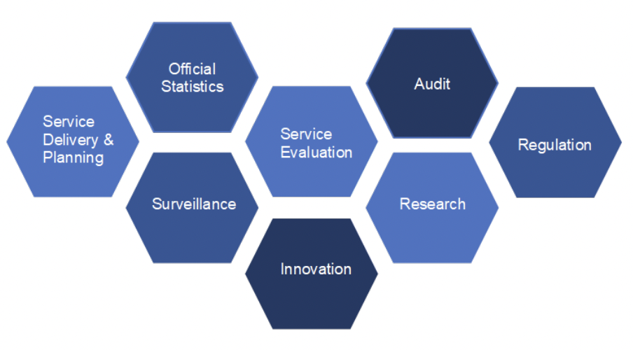 Diagram showing some of the different uses of care home data: service planning & delivery, Official Statistics, surveillance, service evaluation, innovation, audit, research, regulation.