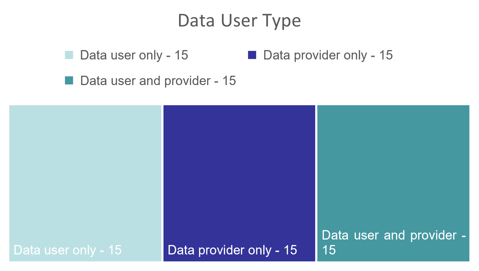 This chart shows the number individuals who were data users only, data providers only and data users and providers that filled in the questionnaire. There were 15 data providers, 15 data users and 15 data users and providers.