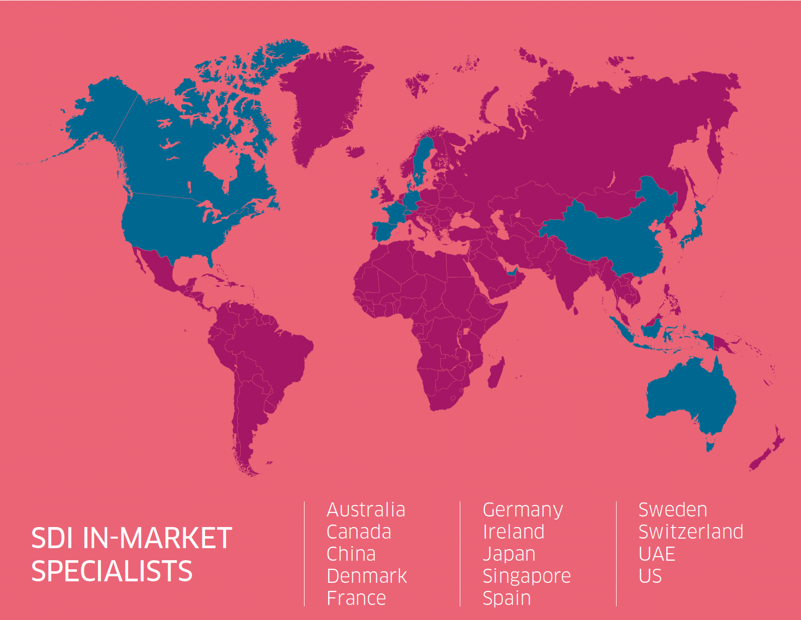 A map of the world highlighting where SDI have in-market specialist ready to help technology companies to export.