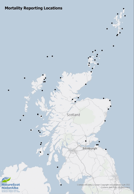 A map of Scotland showing locations of seabird mortality reporting using their Epicollect tool, targeted at key sites all around the mainland Scottish coast and Scottish islands.