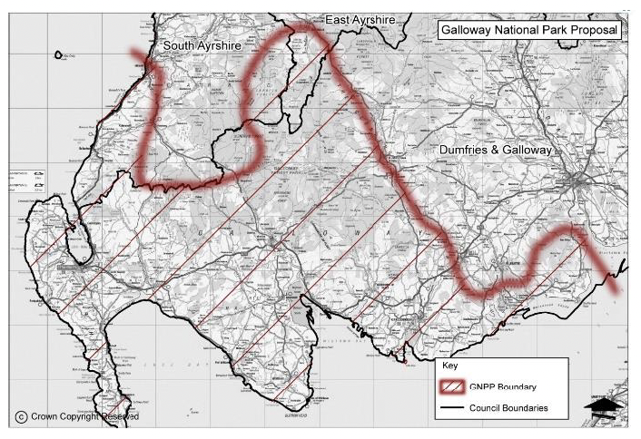 Map showing the approximate boundary line proposed in the nomination for a Galloway National Park that was submitted to the Scottish Government by the Galloway National Park Association and the Galloway and Southern Ayrshire UNESCO biosphere.