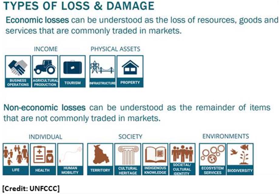 The image shows two types of loss and damage: economic and non-economic. Economic losses can be related to income and icons show these as business operations, agricultural production and tourism or as physical assets such as infrastructure and property. Non-economic losses are also shown as nine icons depicting: life, health, human mobility, territory, cultural heritage, indigenous knowledge, identity, ecosystem services and biodiversity.