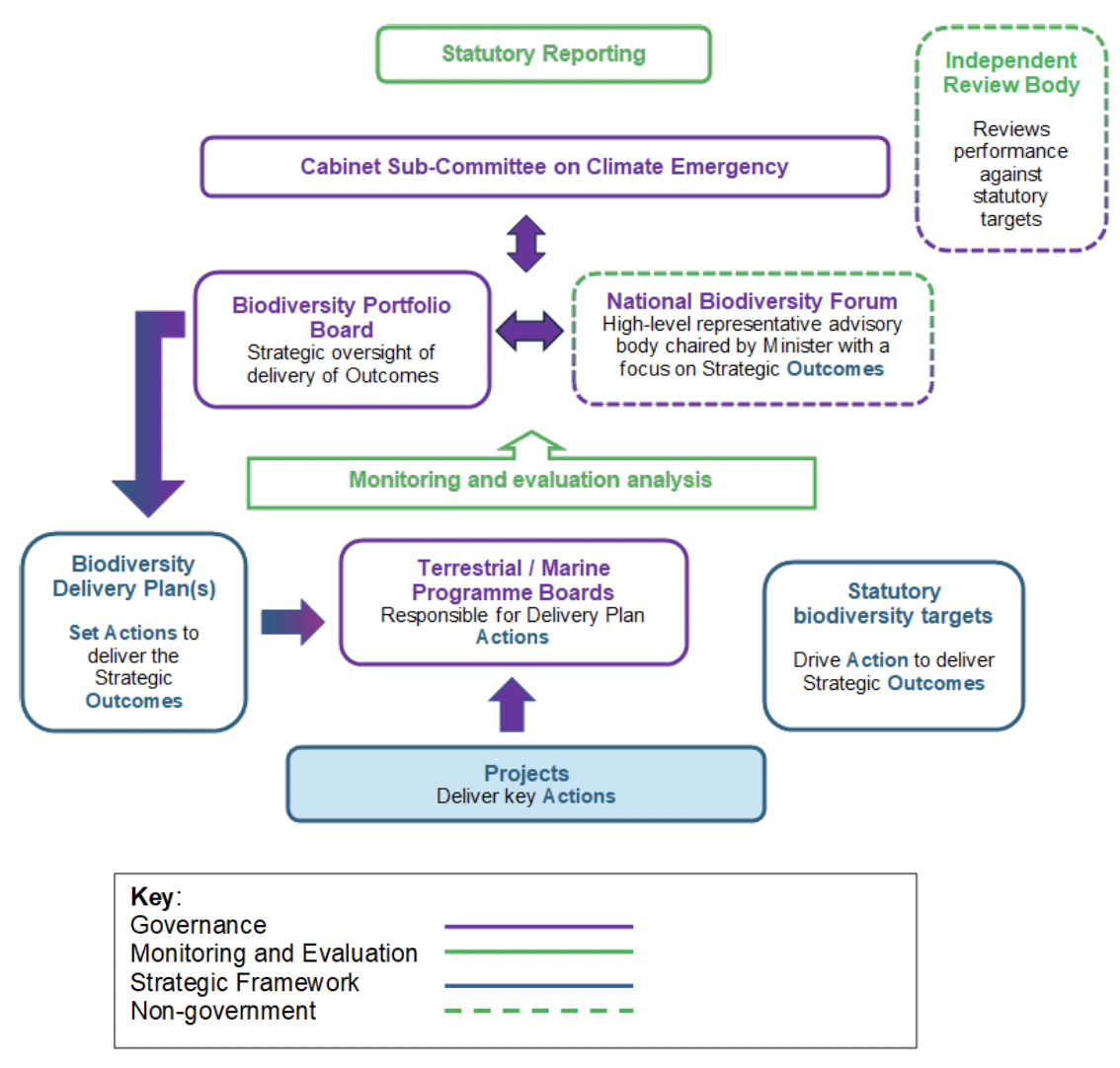 Diagram showing how biodiversity delivery plans, statutory targets, monitoring and evaluation analysis, statutory reporting and an independent review body relate to the governance structure. Key for governance, monitoring and evaluation diagram: Governance (purple), Monitoring and evaluation (green), strategic framework (blue), non-government (dotted green line)