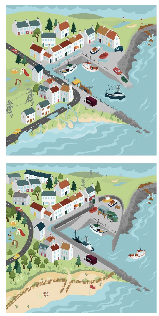 A graphic illustration of a flooded coastal community alongside another graphic illustration of the same coastal community with flood resilient measures incorporated and no flooding.